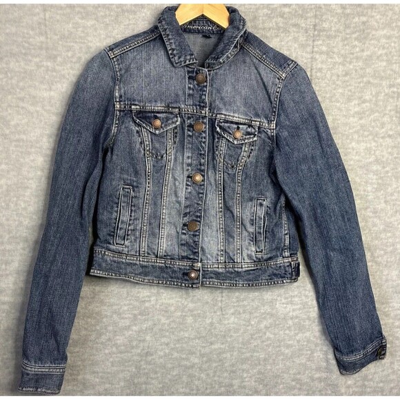 American Eagle Jean Jacket Denim Light Medium Wash Semi-Cropped Western M - Picture 3 of 15